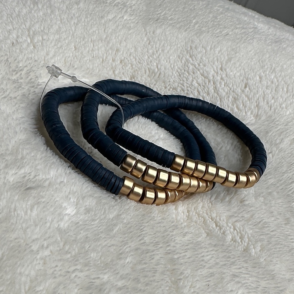 Stretch Bracelets Set of 3 Women's Navy Blue & Gold Tone Beaded Stackable NWOT